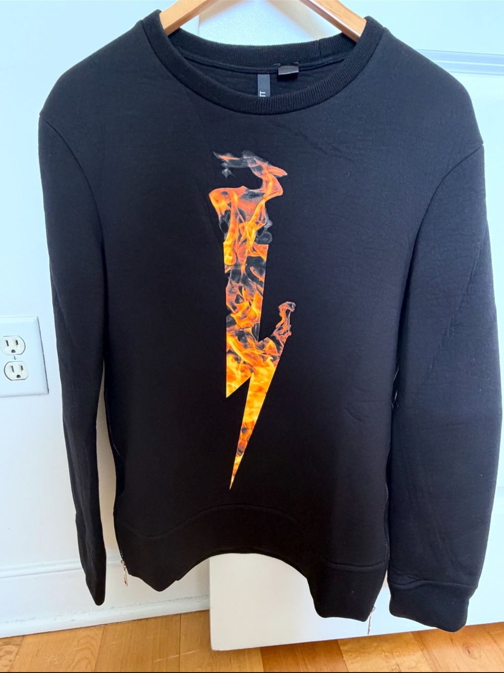 Neil Barrett Black Crewneck Sweatshirt with Orange Flame Lightning